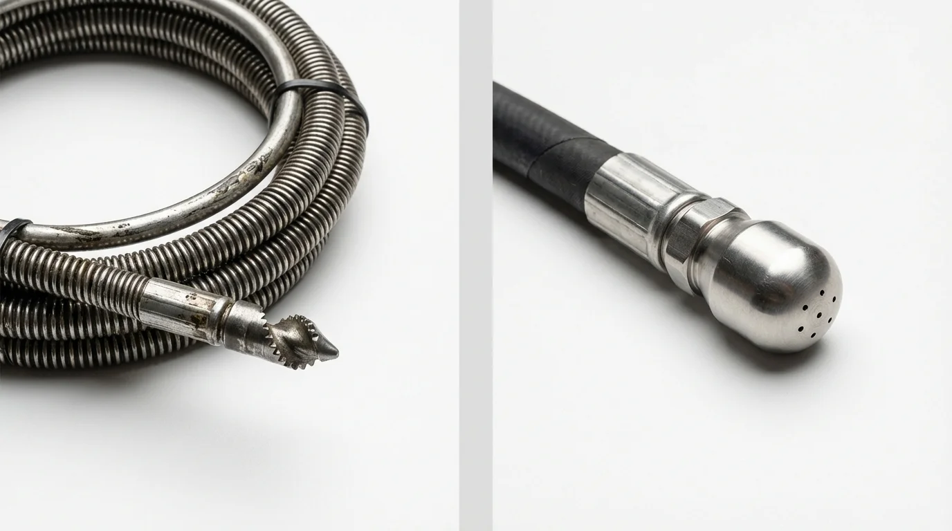 Drain snake cable and hydro jetting nozzle used for drain cleaning in Sheldon, ND