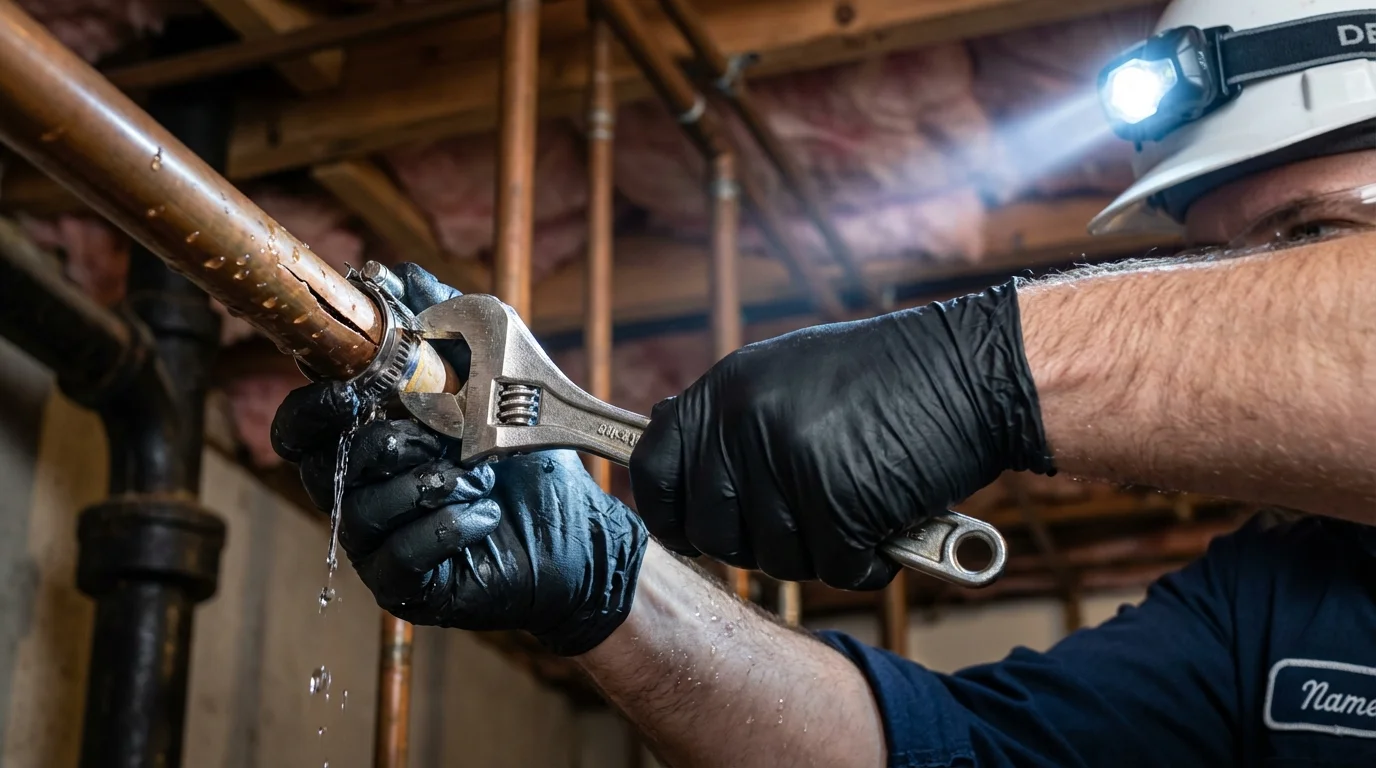 Emergency pipe clamp repair being performed by a Johns Plumbing LLC plumber in Sheldon