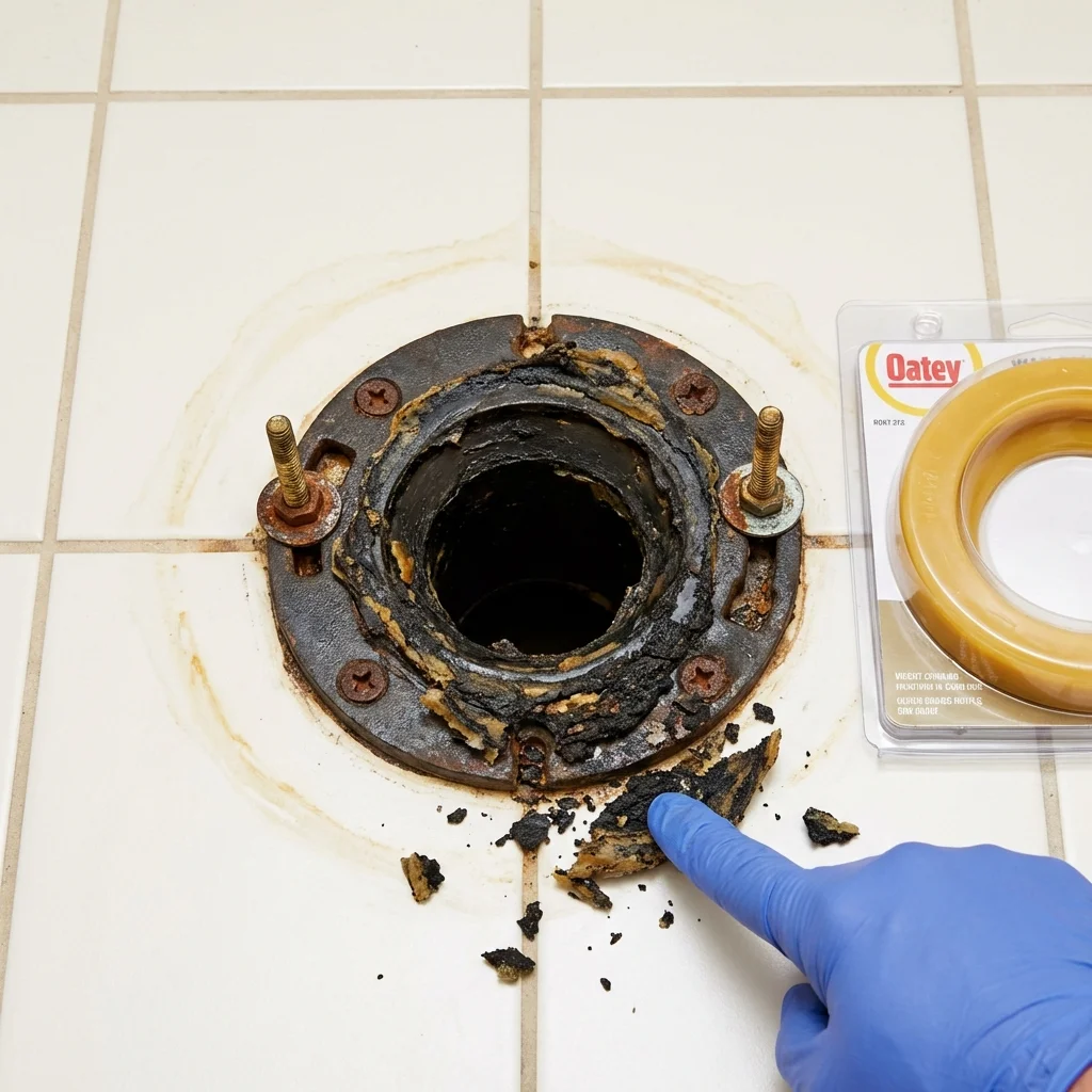 Failed wax ring showing water seepage at the base of a toilet in a Sheldon, ND home