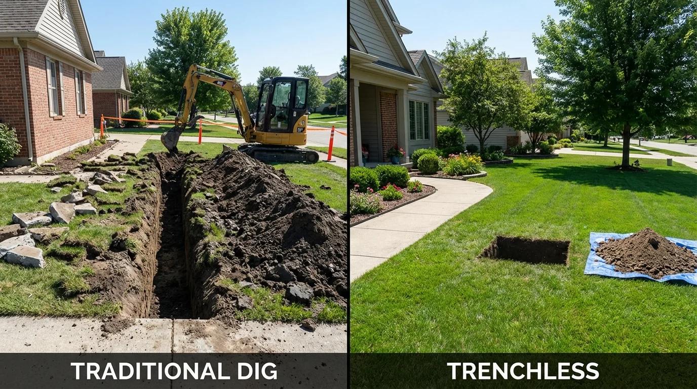 Trenchless sewer repair with minimal yard damage versus traditional excavation in Sheldon, ND